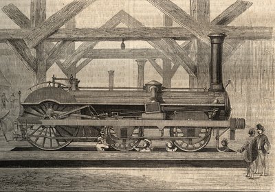 Stoomlocomotiefmodel, Crampton-systeem genaamd Thomas Russell Crampton (1816-1888). Gravure uit 1856. door Unknown artist
