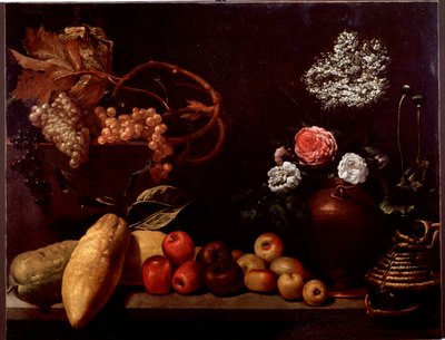 Stilleven met rozen, struikbloemen, citroenen en druiven door Unknown artist