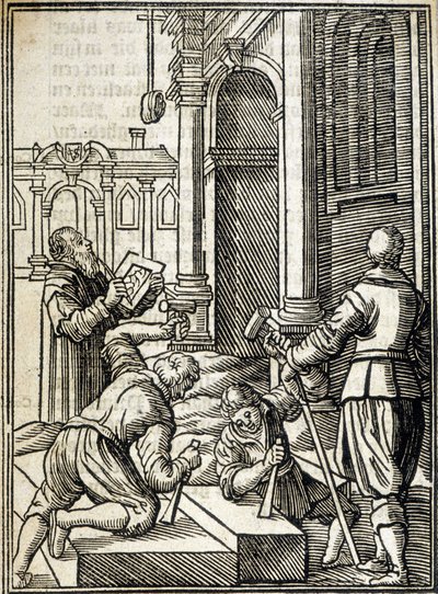 Steenhouwers aan het werk bij de bouw van een kathedraal - gravure door Unknown artist