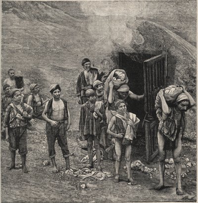 Zwavelwinning (Zolfara) in Sicilië, tekening door Unknown artist