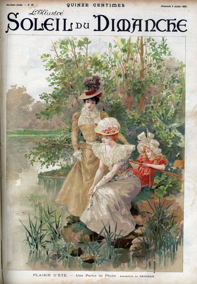 Zomerplezier: vrouwen spelen een visspel. Gravure in 