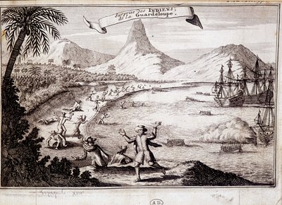 Verrassing van de Indianen bij de landing van Christoffel Columbus in Guadeloupe (karvelen) - gravure door Unknown artist