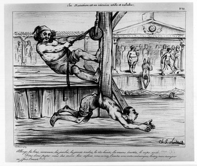 Zwemmen is een nuttige en gezonde oefening: een humoristische oefening over het leren zwemmen - Musée Carnavalet, sd, circa 1850 door Unknown artist