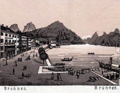 Zwitserland: uitzicht op de stad Brunnen. Uit 