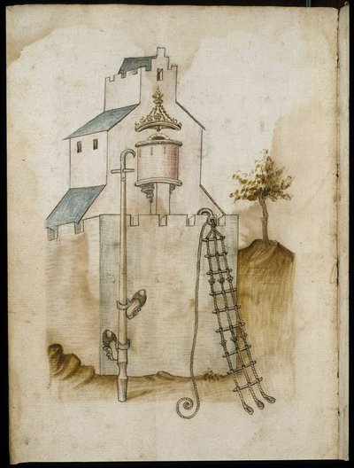 Systemen voor het beklimmen van muren - Manuscript: perkamentblad van een ingenieurshandboek voor de bouw van civiele, religieuze en militaire gebouwen, anoniem, eind 15e eeuw (figuur in Chinese inkt) door Unknown artist
