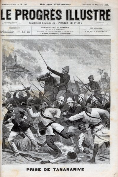 Inname van Antananarivo - Franse militairen vielen Antananarivo binnen in 1895 - Verovering van Madagaskar - inname van Tananarive door het Franse expeditieleger op 30 september 1895 - gravure in 