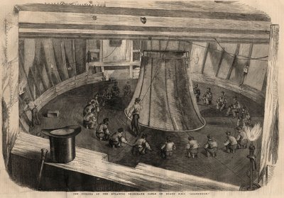 Telegrafie: het oprollen van de trans-Atlantische kabel aan boord van het schip H.M.S. 