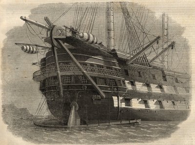 Telegrafie: zicht op de achtersteven van het schip H.M.S. 