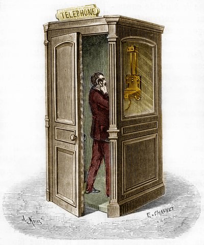 Telefooncel in 1888. Gravure in 