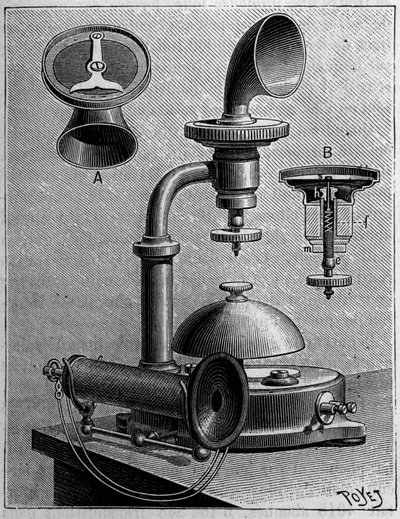 Telefonie in Zweden: model van een telefoon van de Ericsson Company. Gravure in La Nature: revue des sciences et de leurs applications aux arts et a l