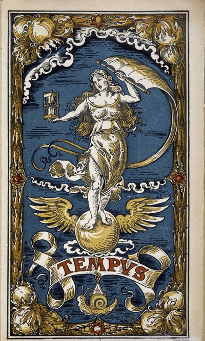 Tempus: allegorie van de tijd (vrouwelijke figuur met zandloper, wind, vleugels), illustratie voor kalender 1889 door Unknown artist