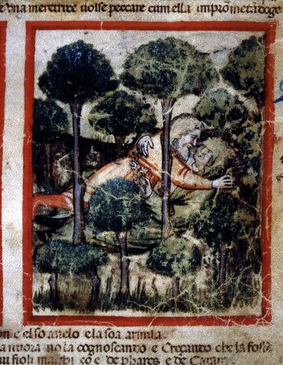 Thamar (Tamar) wordt bezeten door Amnon (Ammon) Miniatuur uit codex 212 (of padovano codice of Bijbel van Padua) 1390-1400 Rovigo, Accademia dei Concordi door Unknown artist