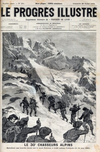 De 30e Alpenjagers voeren een gedwongen mars uit op de Mont Pelvoux op 3400 meter hoogte op 21-24 juni 1895 - gravure in 