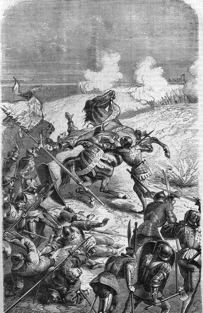 De 75-jarige veteraan John Talot leidde een expeditie van 3000 man, die op 17 oktober 1452 in Guyenne landde. Gravure die Talbots dood in de strijd voorstelt door Unknown artist