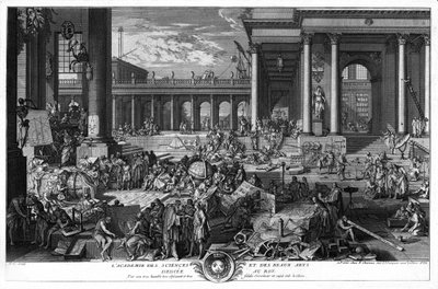 De Academie van Wetenschappen en Schone Kunsten opgedragen aan de koning. Door zijn zeer nederige en zeer trouwe dienaar en onderdaan Seb. de Klerk. Gravure door Sebastien Leclerc, de Oude door Unknown artist