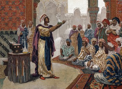 De Arabische alchemist Geber (Jâbir ibn Hayyan) (ca. 721-ca. 815), etsende chemie. Barcelona 1881 door Unknown artist