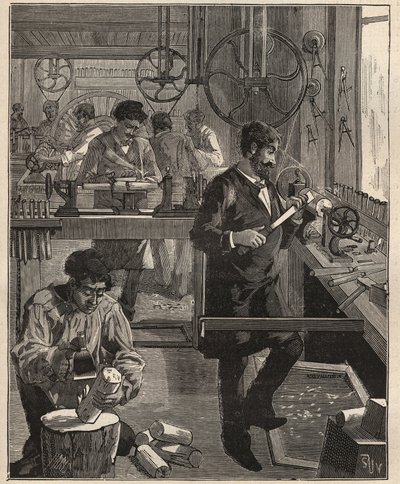 De kunst van draaien: draaierwerkplaats op hout. Gravure uit 1885 in 