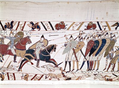 De Slag bij Hastings, gewonnen door Willem I de Veroveraar op 14/10/1066 waarbij koning Harold II van Engeland stierf. Tapijt van Bayeux, bekend als Borduurwerk van Koningin Mathilde door Unknown artist