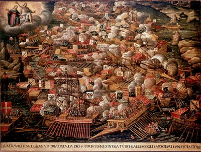 De Slag bij Lepanto voor de kust van Griekenland tussen Spaanse, Venetiaanse en pauselijke troepen tegen de Ottomanen in 1571. Anoniem schilderij. 16e eeuw. Venetië, Museo Correr door Unknown artist