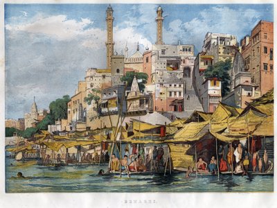 De Benares ghat in India (het huidige Varanasi) (ghat duidt op de trappen die de oevers van de rivieren en de oevers van de bassins en reservoirs bedekken die het mogelijk maken om in contact te komen met water). Gravure uit 1857 door Unknown artist
