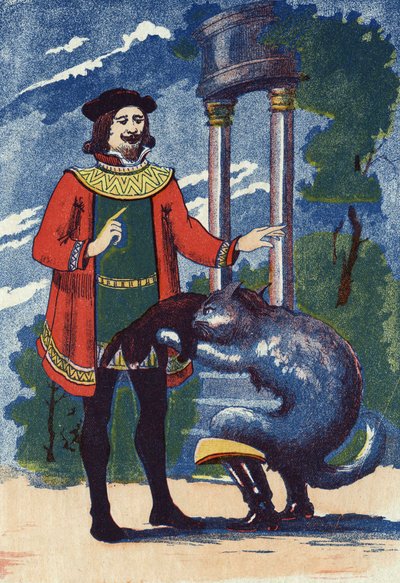 De Gelaarsde Kat biedt een konijn aan de koning. Illustratie voor 