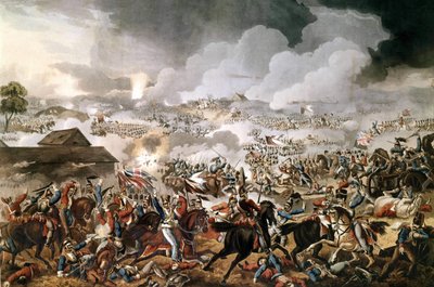 Het Britse leger onder bevel van de hertog van Wellington (1769 - 1852) won de Slag bij Waterloo tegen de Franse troepen van Napoleon I op 18/06/1815. Gravure uit de periode door Unknown artist
