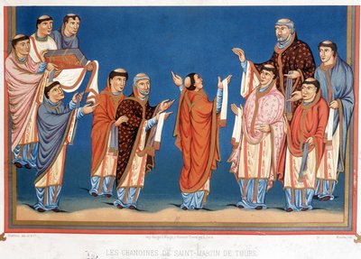 De kanunniken van Sint Martin van Tours bieden koning Karel de Kale een bijbel aan, geschreven in hun abdij door Unknown artist
