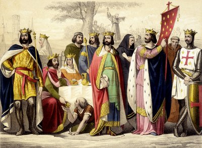 De Capetingers van 987 tot 1137. Hugues Capet, Robert 1er Constance, Philippe 1er, Louis VI en Louis VII. Gravure van de 19e eeuw. door Unknown artist
