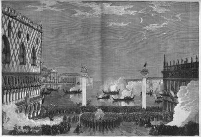 Het carnaval van Venetië: de nacht van vette zondag op de piazzetta. Gravure in 