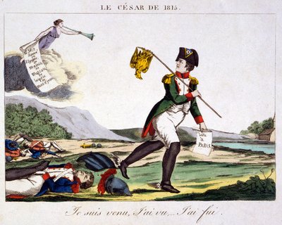 De Cesar van 1815 - Ik kwam, ik zag... ik rende weg. Cartoon over Napoleon I die het slagveld ontvlucht waar de dode Franse soldaten verspreid liggen. Gravure 1815 - Napoleon Bonaparte (15 augustus 1769 - 5 mei 1821) was een Franse militaire en politieke l door Unknown artist