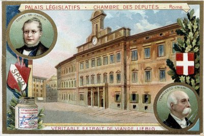De Kamer van Afgevaardigden in Rome (Italië), met portretten van Graaf Camillo Benso de Cavour en Francesco Crispi - Liebig chromolithografie door Unknown artist