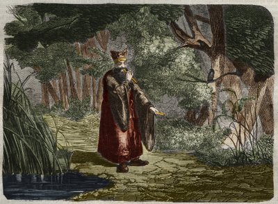 De Chinees Ling Mon (Ling-lun) ontdekt de stemming door in de stengel van een bamboe te blazen. 27e eeuw v.Chr. Gravure uit 1859 in 