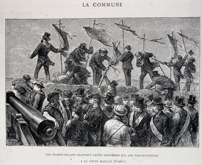 De Commune: Vrijmetselaars planten hun vlaggen op de vestingwerken bij Porte Maillot (1871) - gravure door Unknown artist