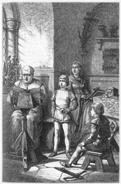 De Constance Eveque leest de Duitse geschiedenis in Conrad, bekend als Conradin de Hohenstaufen (1252-1268) en Frederik I van Baden-Baden (Friedrich I von Baden-Baden) door Unknown artist