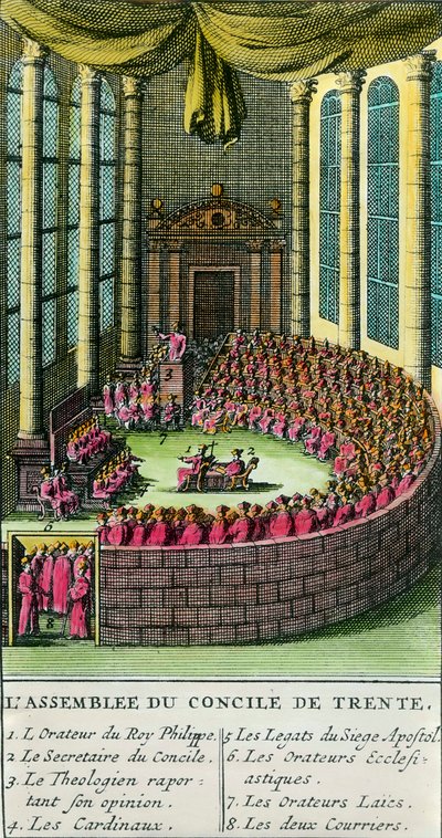 Het Concilie van Trente. Illustratie met de beschrijving van de aanwezige leden. Het Concilie van Trente werd bijeengeroepen door paus Paulus III (vertegenwoordiger van de Rooms-Katholieke Kerk) in 1545, als reactie op verzoeken van Maarten Luther in de v door Unknown artist