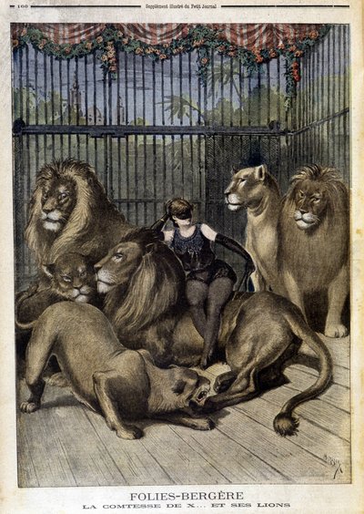 De gravin van X... en haar leeuwen in de show bij de Folies Bergère in Parijs. In Le petit Journal, op 19/05/1895 door Unknown artist