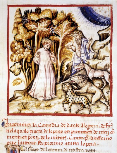 De Goddelijke Komedie van Dante Alighieri. Miniatuur die Dante, Virgil en de drie beesten afbeeldt. 14e-eeuws manuscript. Gemeentelijke Bibl. van Rimini door Unknown artist