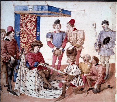 De hertog van Bretagne presenteert zijn zwaard aan de koningen van wapens. Miniatuur uit het boek van toernooien van koning René van Anjou (René I van Napels) door Unknown artist