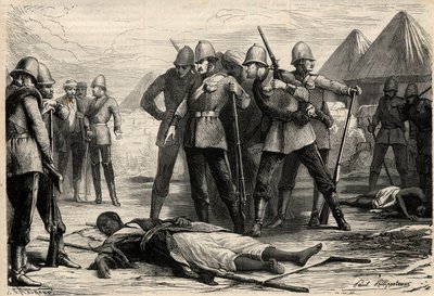 De keizer (negus) van Ethiopië Theodoros II (Tewodros) stierf op 13 april 1868 na de verovering van Magdala door de Engelsen, waar de negus zich had teruggetrokken. Gravure in 
