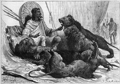 De keizer (ras) Theodoros van Abessinië omringt zijn leeuwen. In "Nature" van 1888 door Unknown artist