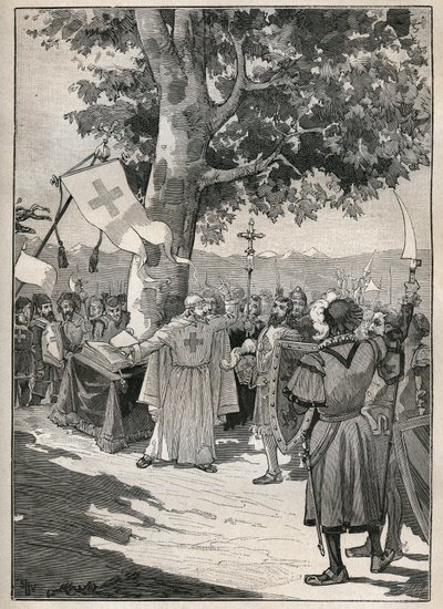 De esdoorn van Tons in Zwitserland, aan de voet waarvan de abt van Disentis, de graven van Saksen en Werdenberg en de baron van Razuns in 1424 de Bovenbond of Bond van Graubünden zwoeren, die de Helvetische onafhankelijkheid voorbereidde. Gravure uit 1885. door Unknown artist