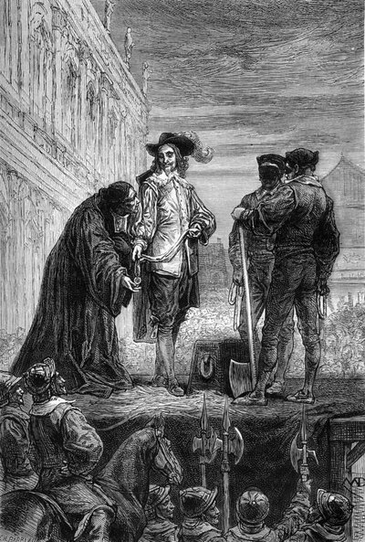 De executie van koning Karel de Eerste - Executie van koning Karel I Stuart van Engeland (1600-1649) in Whitehall - De koning geeft zijn ketting aan de bisschop met de woorden 