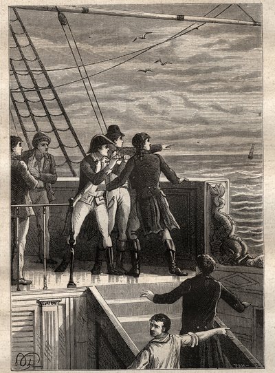 De Expeditie naar de Zuidelijke Landen (1800-1803) door Nicolas Baudin (1754-1803): zeelieden bij Nieuw-Holland (Australië) melden een sluier aan de horizon - illustratie uit 