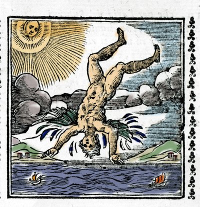 De val van Icarus - De val van Icarus. Kleurrijke xylografie. 16e eeuw. door Unknown artist