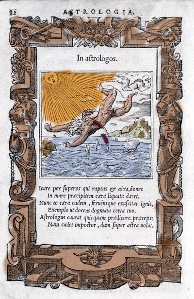 De val van Icarus. Kleurrijke xylografie uit de 16e eeuw door Unknown artist