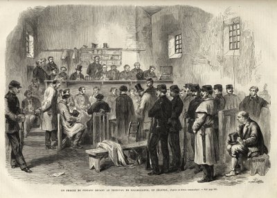De Fenische Opstand, Onderzoek naar Mr. Cleary in het Gerechtsgebouw van Kilmallock - 1867 - gravure uit 