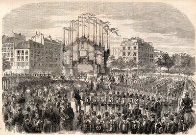 De feesten in Parijs, binnenkomst van het leger van Italië in Parijs, triomfboog op de Place de la Bastille, voorstellende de voorgevel van de kathedraal van Milaan - Terugkeer van de troepen na het Risorgimento, Parijs door Unknown artist