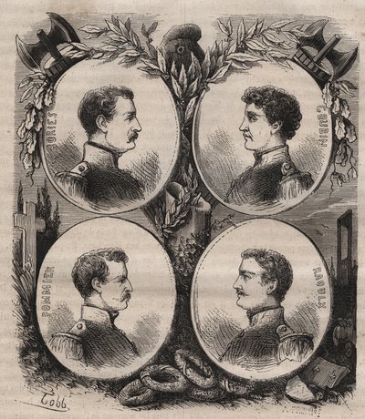 De Vier Sergenten (Jean Francois Bories, Jean Joseph Pommier, Marius Claude Raoulx en Charles Goubin) van La Rochelle beschuldigd onder de Restauratie van het willen omverwerpen van de monarchie en geguillotineerd in 1822 door Unknown artist