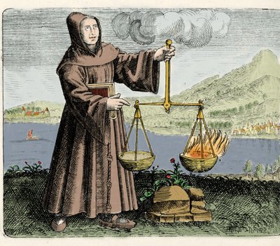 De Franciscaanse monnik, filosoof en alchemist Roger Bacon (Doctor Mirabilis) (1214-1294) doet een experiment. Gravure uit 