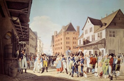 De Franse troepen van het 24e Infanterieregiment verlaten Frankfurt met Generaal Augereau. Gravure uit 1808 door Unknown artist